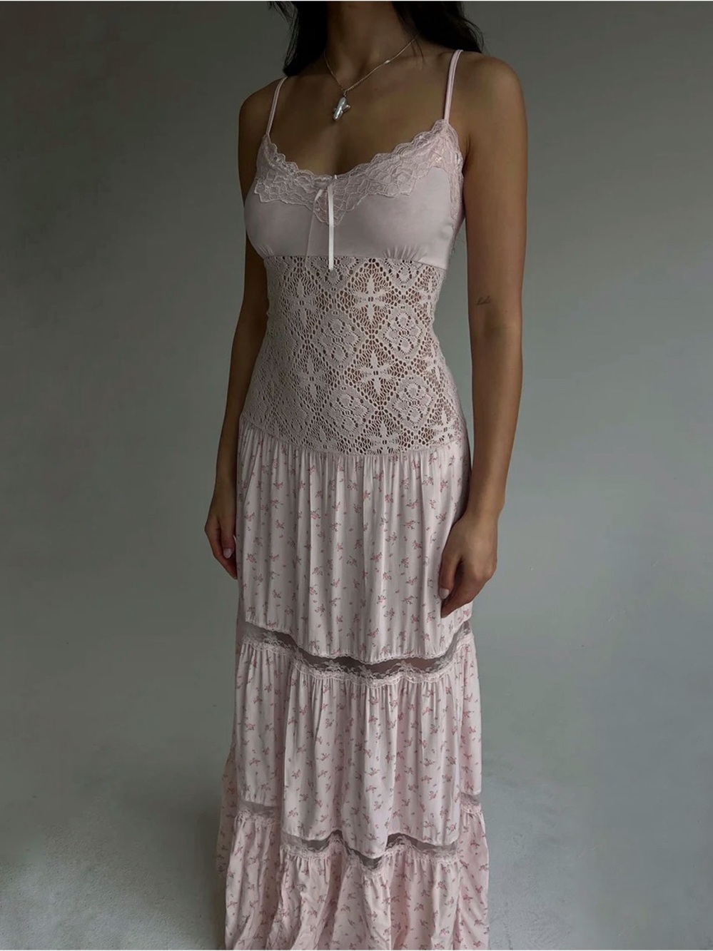 Frankies Bikinis Vineyard Crochet Floral Maxi Dress in Baby Bouquet Pink - XS